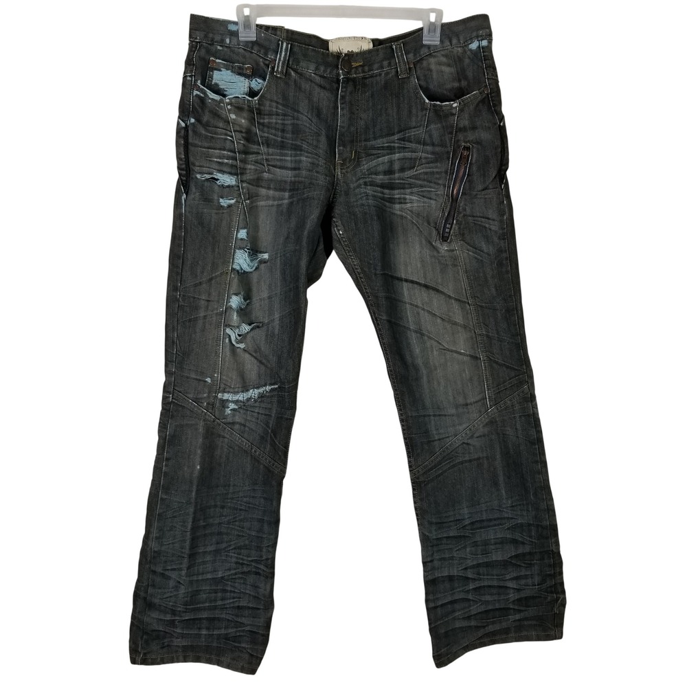 Famous Stars & Straps Jeans Mens 40 Gray Distressed Moto Repair Stitching 105